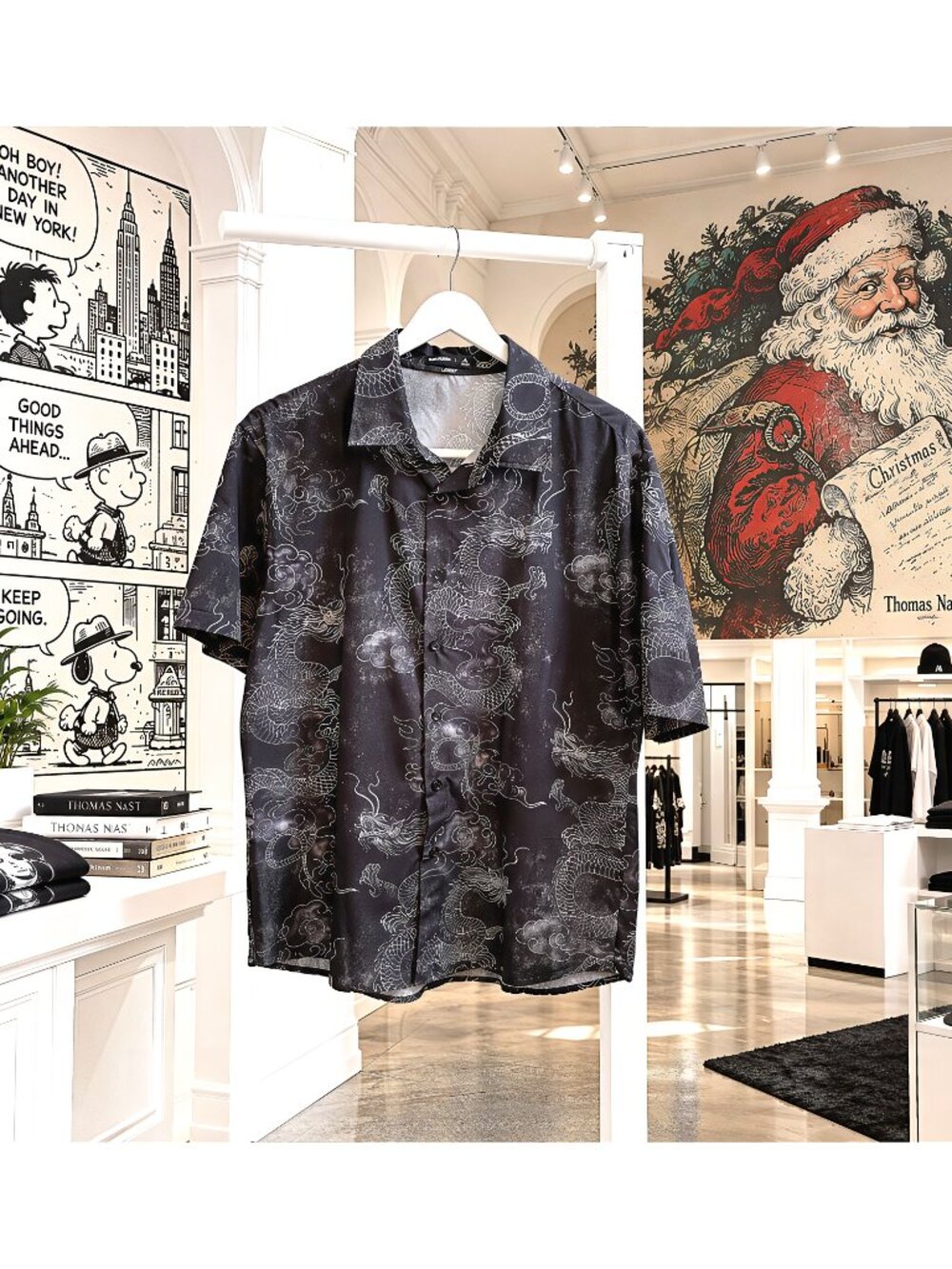 Manfinity Men’s Black Dragon Print Short Sleeve Button Up Shirt Medium